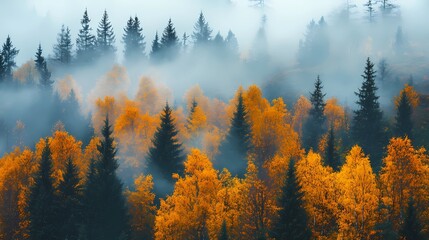 Foggy morning in an autumn forest, with orange and yellow leaves on the trees, creating a peaceful and calming seasonal landscape.