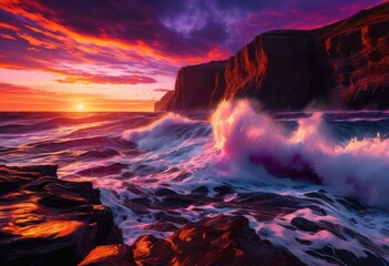 Fototapeta premium majestic rugged coastline sunrise highlighted dynamic crashing waves vibrant sky, beach, waterfront, seascape, surf, shoreline, horizon, sunset, ocean