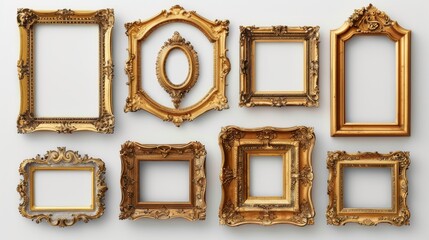 Antique gold frames, each with unique ornate designs, isolated on a white background