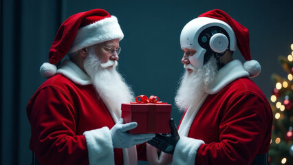 Futuristic holiday celebration: santa and robot sharing christmas gift