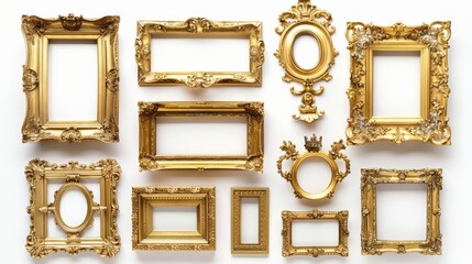 Antique gold frames, each with unique ornate designs, isolated on a white background