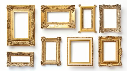 Antique gold frames, each with unique ornate designs, isolated on a white background