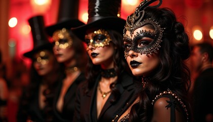 Elegant Halloween masquerade ball with guests in elaborate masks and sophisticated costumes