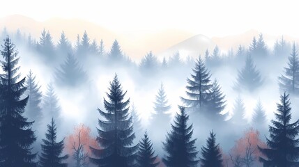Autumn trees hidden in thick fog, with a path covered in golden leaves, creating a serene and mysterious fall forest atmosphere.