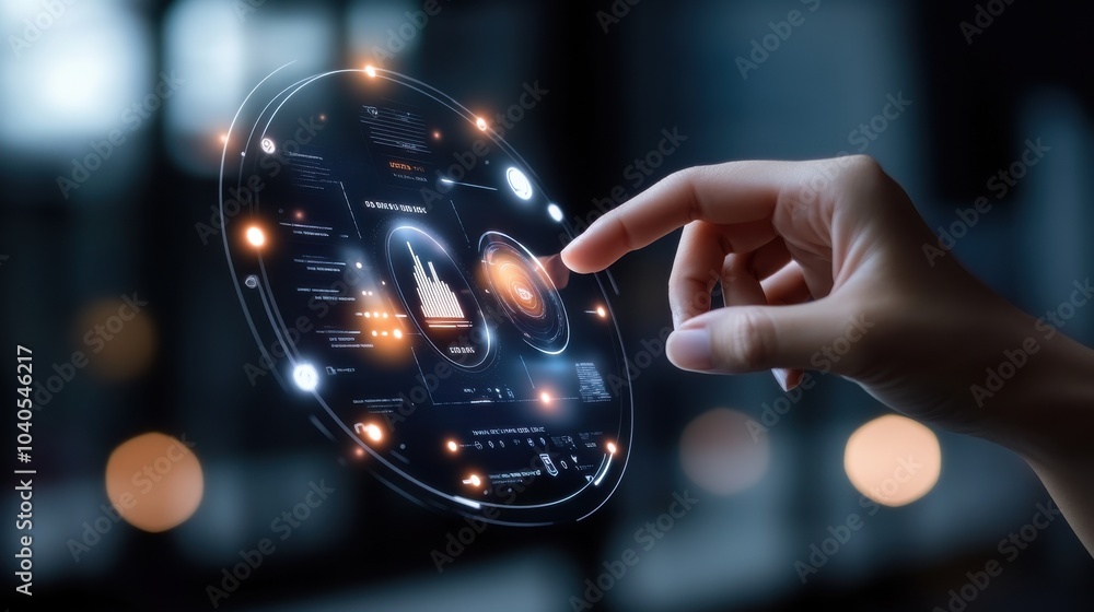 Poster hand interacting with holographic interface display