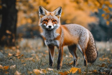 Fototapeta premium A red fox stands gracefully in a forest clearing surrounded by autumn foliage during daylight
