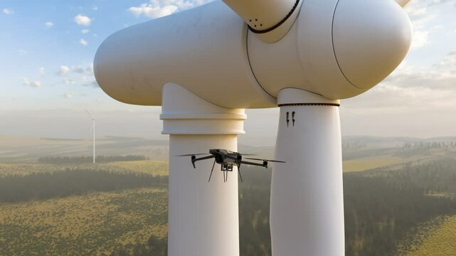 Drone Inspection at Wind Turbine Farm at Sunset