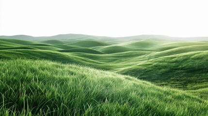Obraz premium Expansive green meadow, isolated on white, with soft rolling hills. A serene and peaceful landscape
