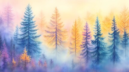 Obraz premium Autumn trees hidden in thick fog, with a path covered in golden leaves, creating a serene and mysterious fall forest atmosphere.