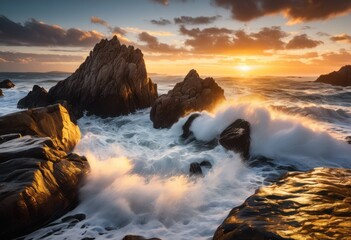 Obraz premium majestic ocean waves crashing untouched coastal rocks showcasing dynamic interaction serenity shoreline, beach, water, sea, foam, nature, landscape