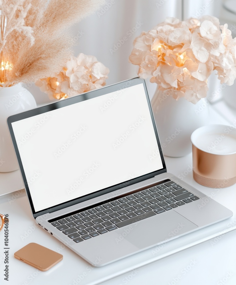 Poster modern laptop on stylish workspace table