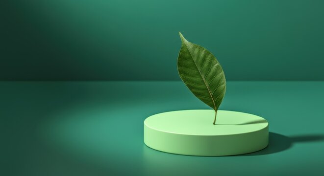 Green leaf on round platform, minimalist design, eco theme