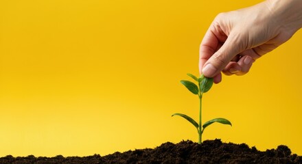 Fototapeta premium Hand planting small green sprout in soil with yellow background