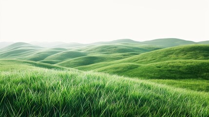 Obraz premium Expansive green meadow, isolated on white, with soft rolling hills. A serene and peaceful landscape