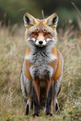 Fototapeta premium A vibrant red fox standing gracefully in the forest during autumn with colorful foliage nearby