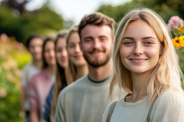 Fototapeta premium Smiling young woman with group, focus on foreground