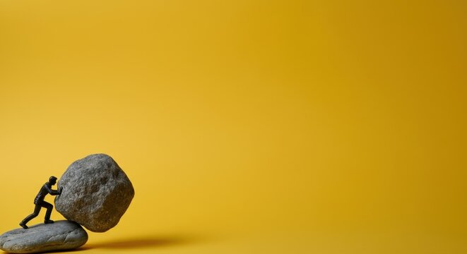 Small figurine struggling to push large rock uphill on yellow background