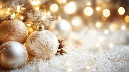 Glittery gold and white ornaments on a Christmas tree with bokeh lights, creating a festive and elegant atmosphere
