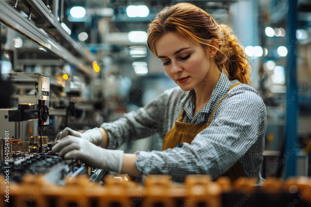 Poster a technician assembling components in a busy factory workshop