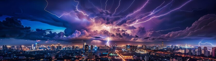 Dramatic lightning storm over a vibrant cityscape at night, with bright bolts illuminating the urban skyline and dark, ominous clouds.