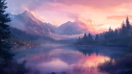 A serene mountain lake at sunset, with still waters reflecting the colorful sky and surrounding pine trees 