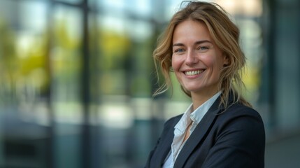 Fototapeta premium Confident woman in business attire, smiling warmly, gazing to the side, standing outdoors with space for text