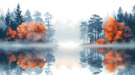 Misty fall forest trail with colorful leaves and dense fog, creating a quiet and atmospheric scene perfect for seasonal landscape photography.