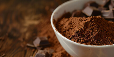 Cocoa powder in a plate with chocolate pieces. Banner template for advertising sweet products, candies and cookies, the same hot drinks, autumn style. With space for text