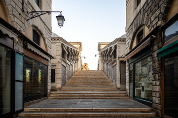 Deserted Rialto Bridge in the early morning in Venice