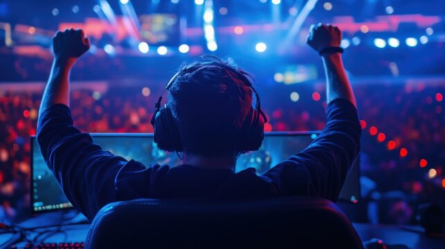 A gamer participating in an esports tournament with a stadium filled with cheering fans and high-tech gaming setups, Esports scene, Exciting style