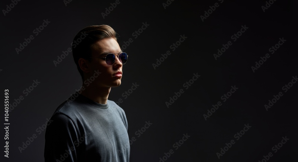 Wall mural Young Caucasian male model wearing sunglasses in low-key lighting