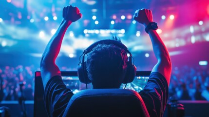 A gamer participating in an esports tournament with a stadium filled with cheering fans and high-tech gaming setups, Esports scene, Exciting style