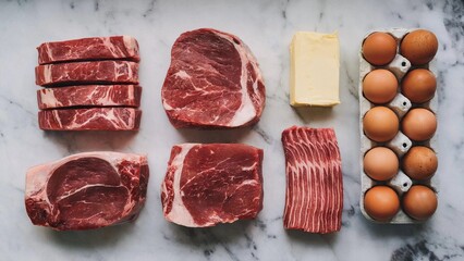Top view of carnivore diet ingredients, raw meat, butter, and eggs