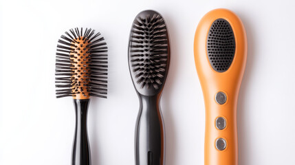 A neatly arranged set of hair styling tools, including a hair dryer, straightener, and brush, all placed on a clean white background, emphasizing their sleek and functional design.


