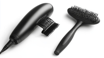A neatly arranged set of hair styling tools, including a hair dryer, straightener, and brush, all placed on a clean white background, emphasizing their sleek and functional design.

