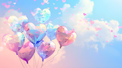 Colorful heart-shaped balloons floating against a bright sky with hearts in the background