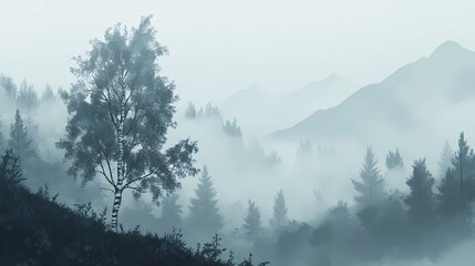 Foggy autumn woodland scene with vibrant fall colors and mist enveloping the trees, creating a peaceful and mysterious seasonal landscape.