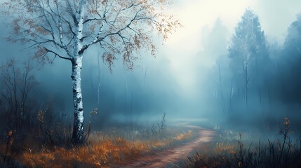 Naklejka premium Foggy autumn woodland scene with vibrant fall colors and mist enveloping the trees, creating a peaceful and mysterious seasonal landscape.