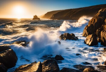 Obraz premium majestic waves crashing serene rocky shoreline vibrant blue ocean breathtaking coastal views, beach, coastline, cliffs, water, horizon, sand, landscape, rocks