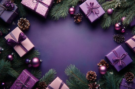 Elegant purple holiday gifts with pine branches and festive decor for winter celebrations - Powered by Adobe