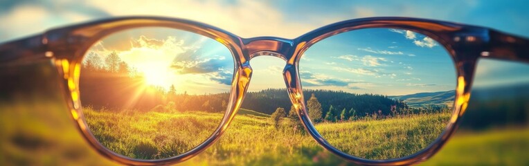 A sunset view through glasses overlooking a lush green meadow in a serene landscape during golden hour