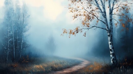 Naklejka premium Foggy autumn woodland scene with vibrant fall colors and mist enveloping the trees, creating a peaceful and mysterious seasonal landscape.