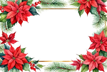 Festive watercolor frame with vibrant red poinsettia flowers, green leaves and pine branches with berries. Holiday border for Christmas or winter-themed invitations, greeting cards, seasonal designs