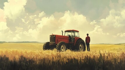 A lone farmer standing by his red tractor in a field of golden wheat.