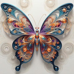 Minimalist illustration features an enchanting, vibrant fractal butterfly with dazzling, glowing wings. Vibration, illustration, ukiyo-e, conceptual art