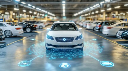 White electric car parking in futuristic garage with augmented reality interface showing security status