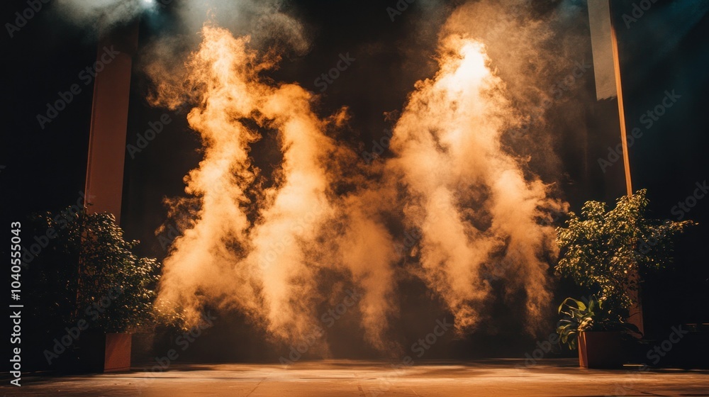 Wall mural two columns of orange smoke on a stage with plants