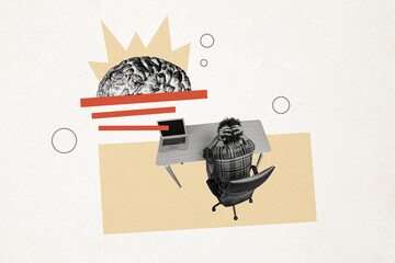 Composite photo collage of panic man sit table chair think cortex brain broke laptop problem plan...