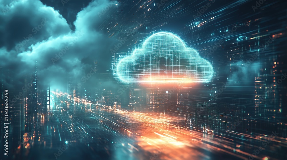 Poster data storage technology concept with cloud upload symbol