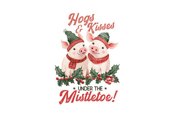 Hogs & kisses under the Mistletoe, Hand Drawn Christmas Farm Sublimation